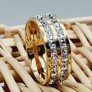 "Double Row CZ Inlay Gold Titanium Wedding Ring, GALTUN056